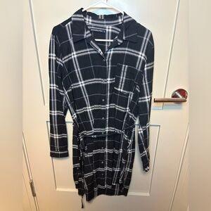 Navy Blue and White Plaid Shirt Dress